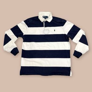 Vintage 90s Ralph Lauren Polo Rugby Shirt Men M Stripes Collar Navy White Heavy